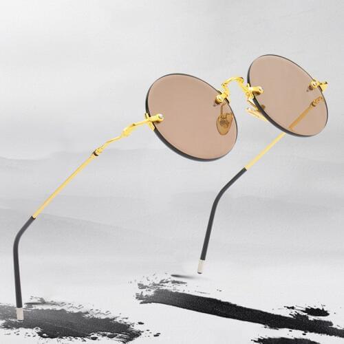 Vintage Rimless Sunglasses Women Men Glass Lens Retro Round Sun Glasses Natural Crystal Stone Sun Glasses Goggles Gold Oculos