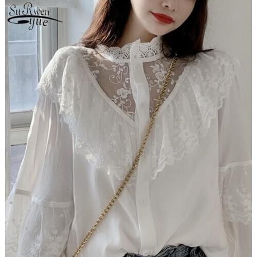Fashion Stand Collat Ladies Tops Autumn Women Blouses Korean Sweet Loose Clothes Lace Up Ruffled Vintage Lace Shirts Women 11335