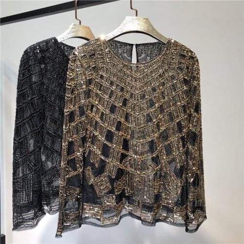 European Spring New Heavy Industry Beaded Glittering Sequins Loose O Neck Pullover Long Sleeve T-shirts Women Fashion Streetwear