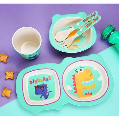 5pcs / Set Childrens Dinosaur Grid Plate100% Bamboo Fiber Baby Rice Feeding Bowl Plastic Snack Plate Tableware Dropshipping
