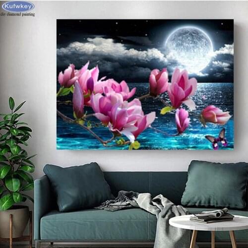 5D Diamond Painting Cross Stitch Bright moon at blue sea Full Square Diamond Embroidery Picture Of Rhinestone Magnolia Flowers
