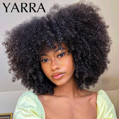 Afro Kinky Curly Brazilian Human Hair Wig with Bangs Full Machine Made Brazilian Remy Hair Wig For Black Women 180 Density YARRY
