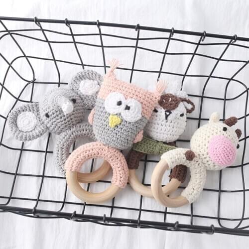 Baby Rattle Crochet Animal Elephant Wooden Ring Montessori Teething Toy Nursing Bracelets Rattle Wooden Rodent Baby Products Toy