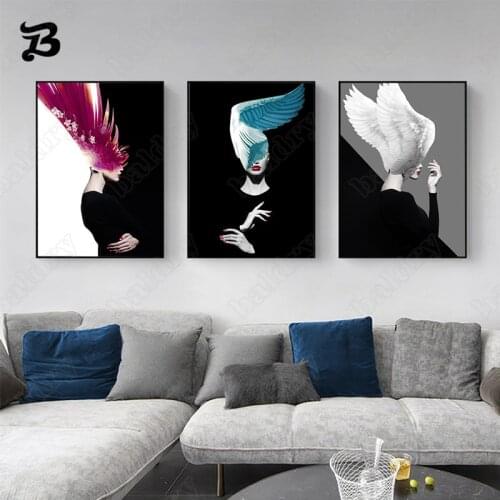 Canvas Painting Abstract Art Home Decoration Modern Feathers Lady Face Nordic Decorative Wall Art Pictures for Home Wall Decor