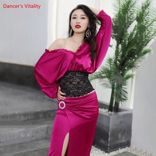 Belly Dance Suit V-neck Top Long Sleeve Split Skirt Practice Clothes Set Female Adult Elegant Lace Shirt Performance Clothing