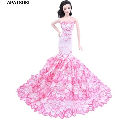 Pink White Lace Fishtail Mermaid Dress for Barbie Doll Outfits Evening Party Gown for Barbie 1/6 Kids DIY Dollhouse Toy Gift