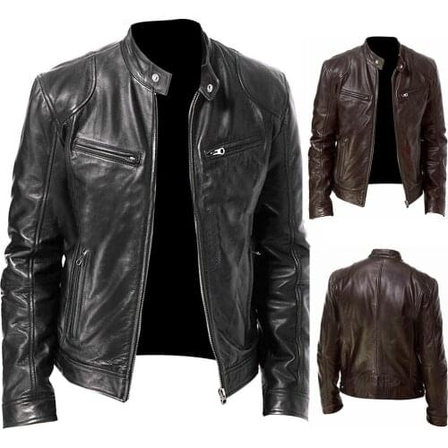 PU Leather Jacket Men Black Brown Winter Autumn Fashion Mens Street Style Stand Collar Motorcycle Bomber Mens Leather Coat
