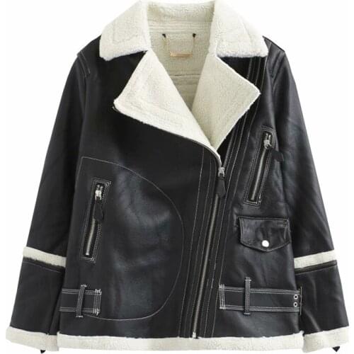 Evfer Winter Fashion Lady Patchwork Lamb Wool Warm Jackets Outwear Women Stylish Turn-Down Collar Zippers Faux Leather Coats