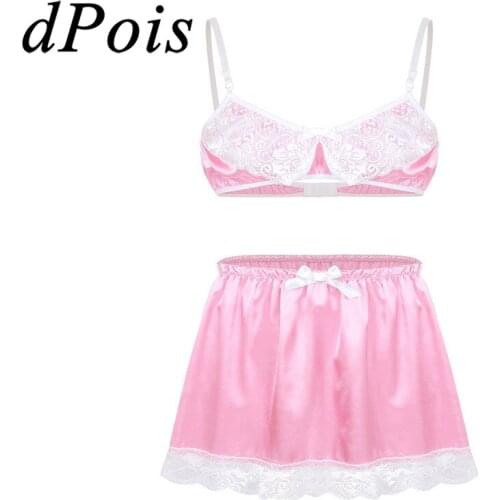 Mens Sissy Lingerie Set Smooth Satin Adjustable Spaghetti Straps Lace Bra Top with Short Skirt Hommes Gay Male Sexy Underwear