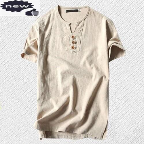 Summer New Plus Size 5XL Linen Short Sleeve T shirt Men Casual Solid Color Slim Fit Comfortable V-Neck T-shirt Oversize
