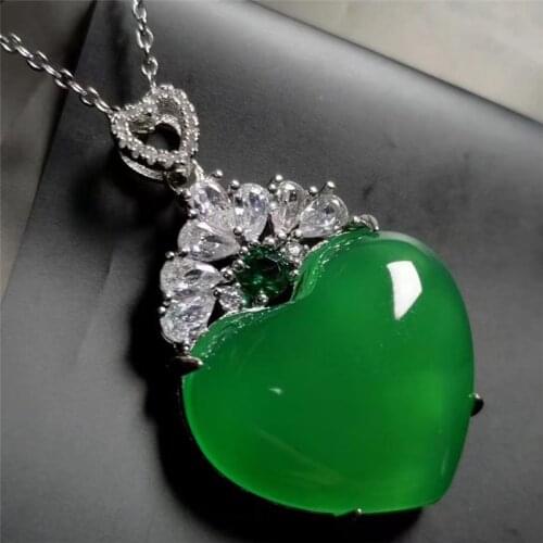 Luxury 925 Sterling Silver Necklaces For Women Heart Shape Natural Green Jade Emerald Pendants Necklaces Gemstone Fine Jewelry