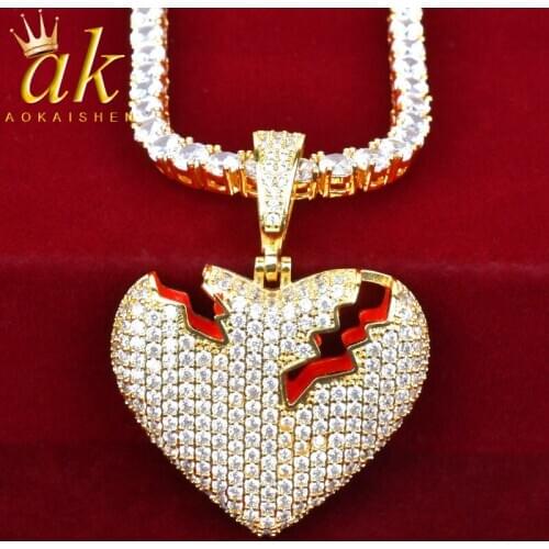 Broken Heart Pendant Necklace Gold Color Tennis Chain Cubic Iced Zircon For Men Hip hop Jewelry