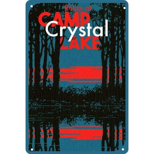 Relax At Camp Crystal Lake Camping Lakeside Forest Sunset Landscape Art Drawing Furniture Room Decoration Metal Wall Sign
