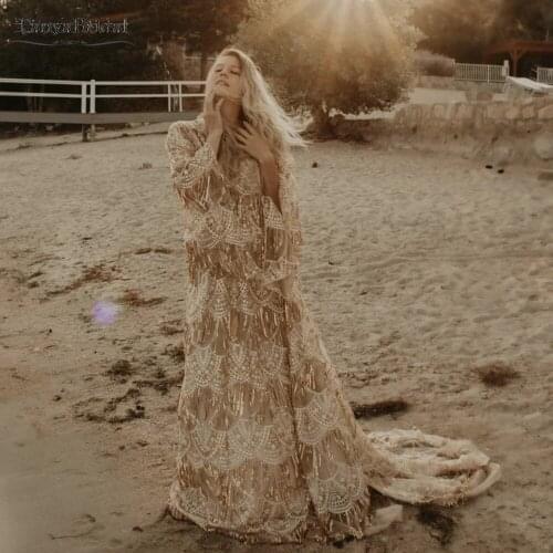 Champagne Sequins Tassel Wedding Dresses Backless A Line Flare Sleeve Bridal Gowns Bell Dress DW596