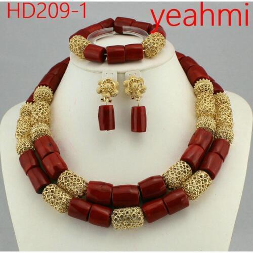 Splendid Real Coral Bead African Wedding Jewelry Sets Dubai Gold Chunky Bib Necklace Set Traditional Nigerian Wedding Bead HD209