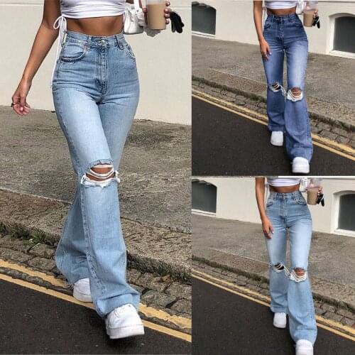 Casual Women Button High Waist High Elastic Hole Jeans Trousers Loose Pocket Denim Pants Fast Free Shipping Dropshipping S-2xl