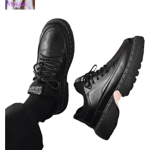 YSHUNIJ 2021 New Korean Version British Style Small Leather Shoes Lace Up Middle Heel Youth Pu Mens Shoes