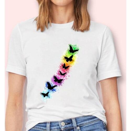 Women Butterfly Printing New Cute Kawaii Fashion Graphic Female Short Sleeve Tops Tees Tshirt Print T-Shirt Lady Cartoon Clothes