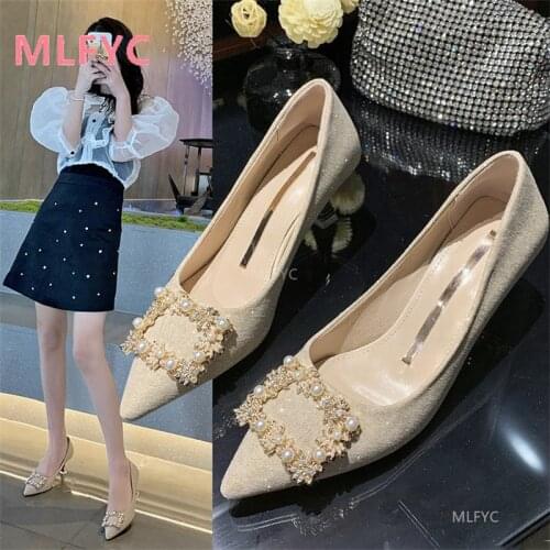 Single shoes womens outer wear womens shoes stiletto heels 2021 autumn new temperament pearl square buckle pointed high heels