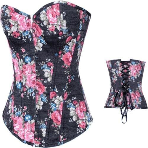 Elegant Women Lady Vintage Corset Party Queen Floral Satin Sexy Corset Vintage Clasp Buckle Front Over Bust Corset Patterns