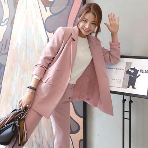2020 Autumn Korean version of the small pink double-breasted suit jacket female casual two-piece suit TB152