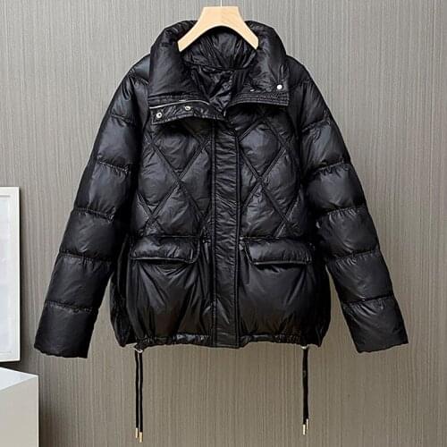 Womens Winter Down Jacket black Long Sleeve Warm Coat Parka Female Solid color Stand collar Outwear