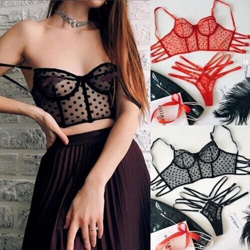 Women Sexy Lingerie Set Underwear Mesh Sheer Dot Lace Bra+G-string Thong Set Babydoll Nightwear Erotic Costumes