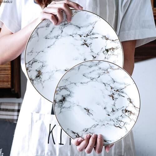 1PCS Tableware Marble Plates Ceramic Dinner Set Gold Inlay Porcelain Dessert Plate Steak Salad Snack Cake Plates Wholesale