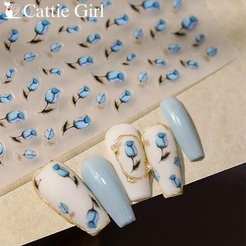 1 Sheet Blue Rose Flowers Trend Nail Art 3D Stickers Black Nail Decals for Nails Alphabet Manicure Design DIY 3D Accessories