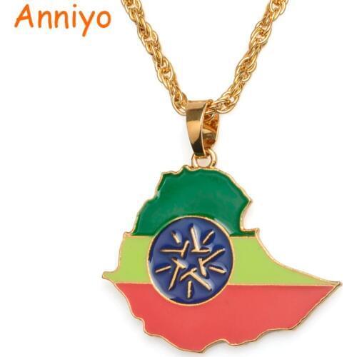 Anniyo Ethiopia Map Flag Pendant Necklaces for Women Men Gold Color Ethiopian Maps Jewelry Patriotic Gift #068706