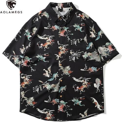 Aolamegs Men Shirt Retro Chinese Style Print Casual Baggy Bermuda Beach Short Sleeve Fashion Casual All-match Couple Streetwear