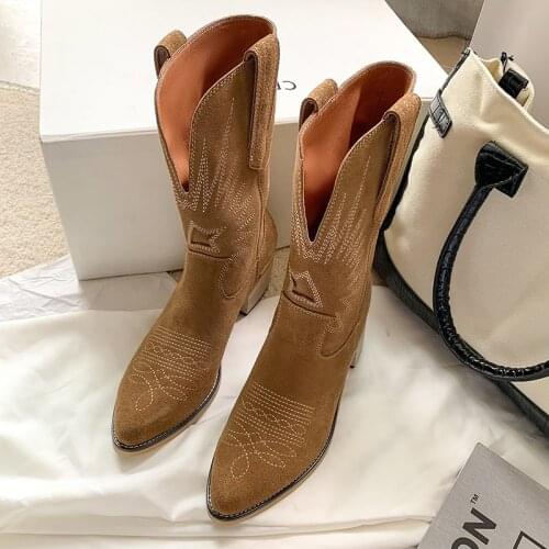 Donna-in Retro Western Cowboy Boots Women Calf Leather Embroidery Mid-Calf Boots Block Heel Slip-On Brown Boots Female Footware