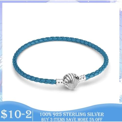 Silver Seashell Clasp Turquoise Braided Leather Bracelet 925 Sterling Silver Blue Ocean Seashell Silver Bracelet for Women Gift