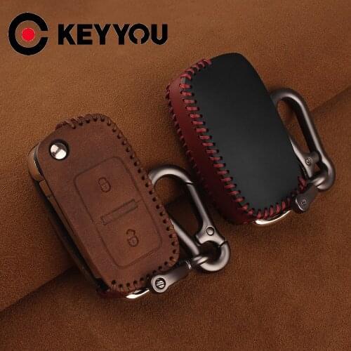 KEYYOU Fob 2 Buttons Leather Car Key Cover For Volkswagen VW Amarok Polo Golf MK4 MK5 Bora Jetta Skoda Seat Altea Alhambra