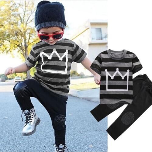 New Brand Summer Clothing Sets Kids Knee Patchwork Pants + Striped Top Boys Navy Stripe Kids Clothes Children Tracksuit
