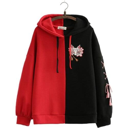 Harajuku Contrast Cartoon Embroidery Casual Fleece Pullover Hoodies Sweatshirt Women 2020 Winter Long Sleeve Korean Female Top