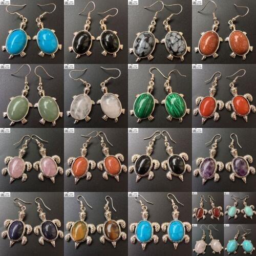 Howlite Aventurine Goldstone Blue Sand Crystal Malachite Tiger Eye Carnelian Jaspe Turtle Dangle Earrings WB683