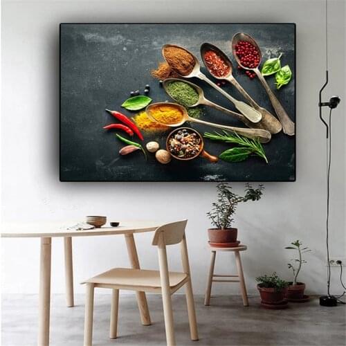 Spoon Grains Spices Canvas Painting Green Plant Posters and Prints Scandinavian Wall Art Food Picture for Kitchen Room Decor