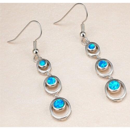 Classic Female Blue Opal Drop Earrings Charm Silver Color Wedding Earrings Dainty Bride Round Long Dangle Earrings For Women
