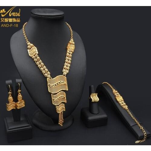 African Gold Jewelry Set Gold Plated Filled Necklace Wedding Party Luxury Ring Arabic Designer Wholesale Gifts Sets For Women
