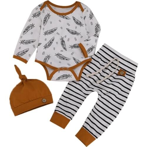Baby Clothes Set Toddler Kids Baby Boy Girl Infant Clothes Tops feather Print Bodysuit+Pants 4pcs Outfit Set Tracksuit