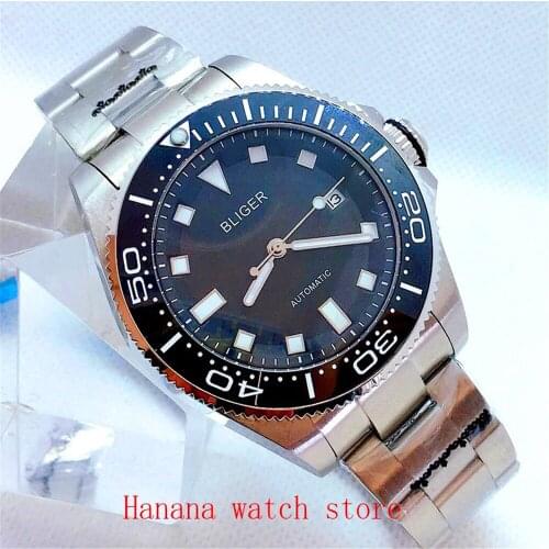 BLIGER 43mm Fashional Mechanical Watch Men Black Dial Date Indicator Steel Band MIYOTA Movement