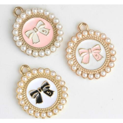 MRHUANG 10pcs/lot Bow Round Pearl Enamel Charms Oil Drop Zinc Alloy Gold-Color Floating Pendant Fashion Jewelry Accessories