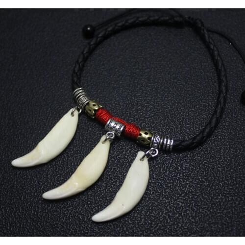 Man Anklets Wolf Teeth Pendant Ethnic Style Hand Knitted Leather Rope Anklets Fashion Jewelry