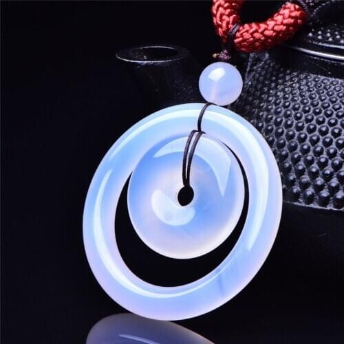 Natural Brazilian White Chalcedony Pendant Carved Double Donut Pendant with Hand-knitted Two-tone Necklace