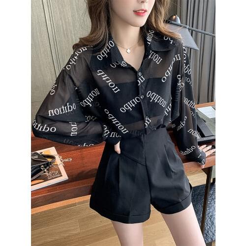 Printed Letter Sexy Retro Long-Sleeved Shirt Womens 2020 New Mid-Length Hong Kong Style