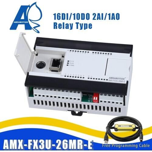 AMX-FX3U-26MR Compatible Mitsubishi MELSEC PLC Relay 2AI/1AO 16DI/10DO Ethernet MODBUS function USB-SC09-FX Programming Cable
