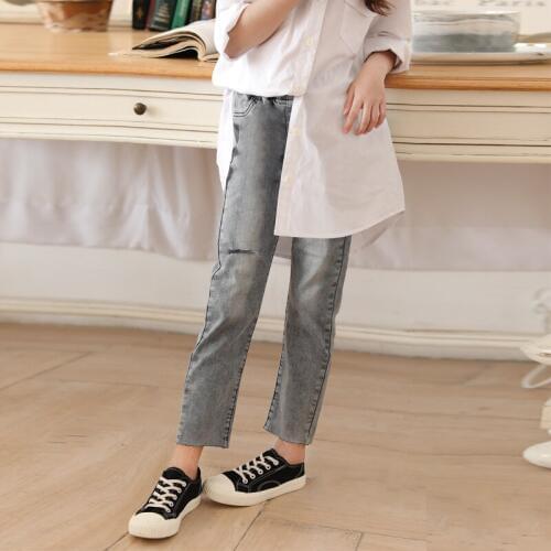 Gray Color Ripped Capri Jeans for Girls Autumn Teen Trousers Elastic Waist Casual Pants