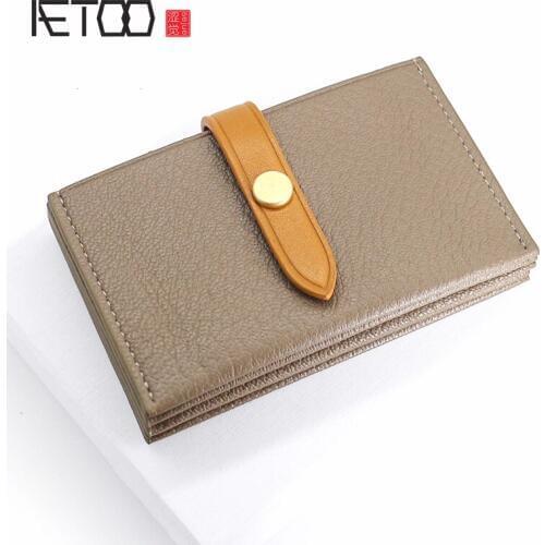 AETOO Goat Sheepskin Accordion Ms. Card bag Retro leather mini buckle small card set cute coin wallet