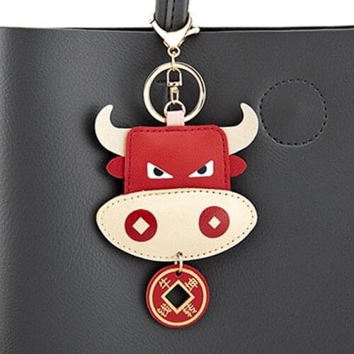 Creative Cartoon Cow Keychains Faux Leather Car Bag Pendant Keyring New Year Gift Ornament Multifunctional Children Toys